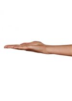 A young woman's hand held obediently straight, palm up, about to get strapped